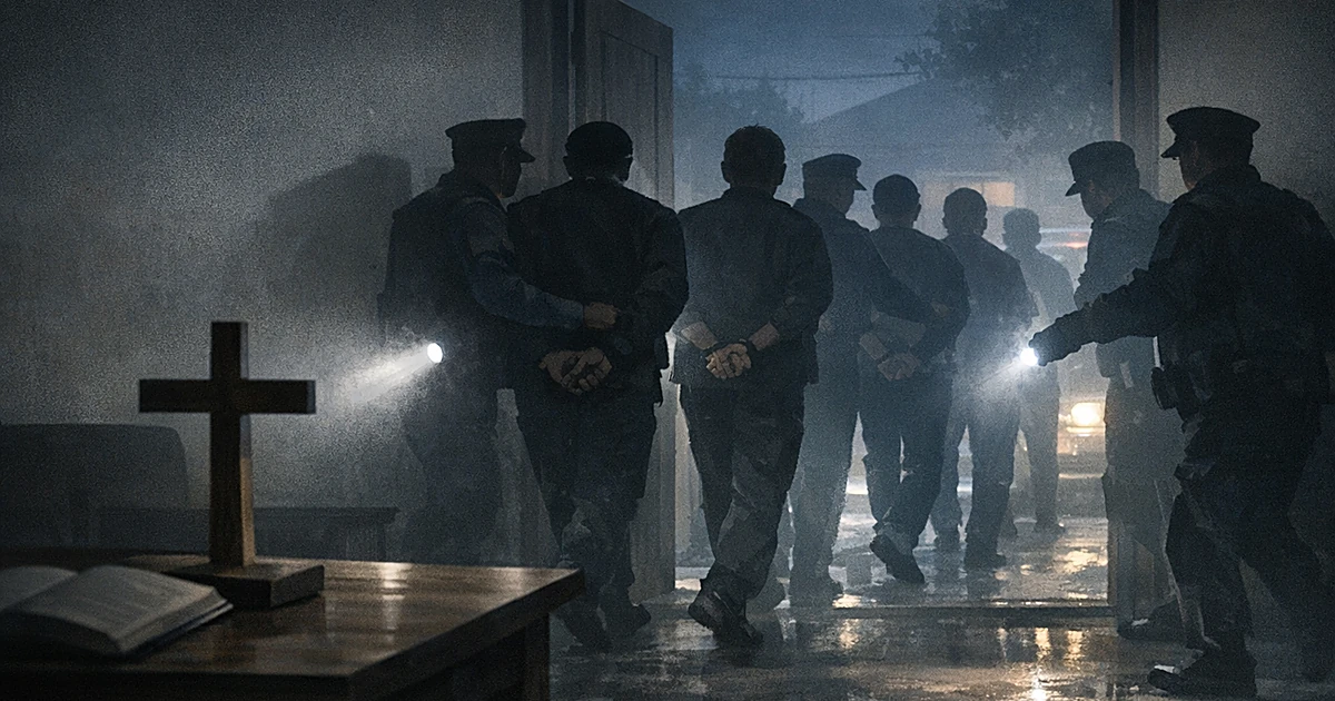 Silhouettes of people being escorted by police through a doorway during an early morning raid on a house church