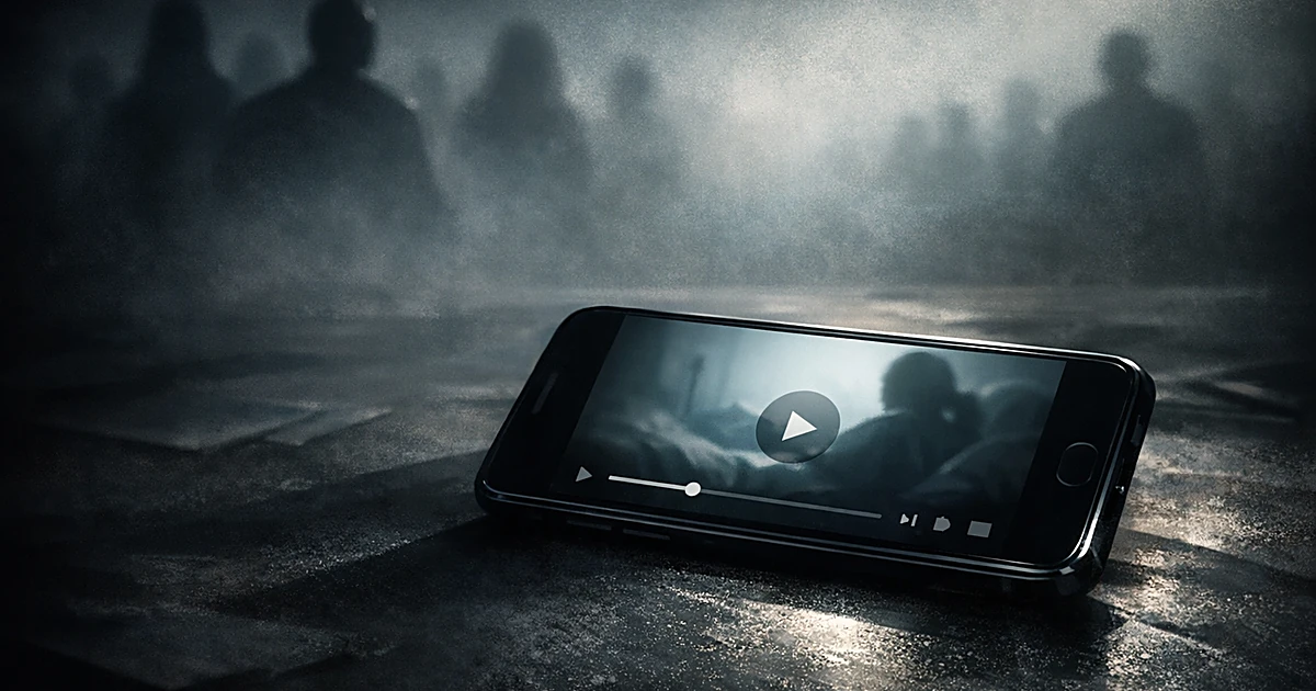 Smartphone displaying paused video on dark surface with harsh lighting and distant silhouettes in background