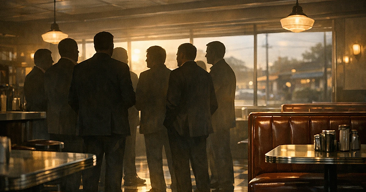 Silhouettes of people in business attire gathered inside a retro diner with red booths and chrome fixtures