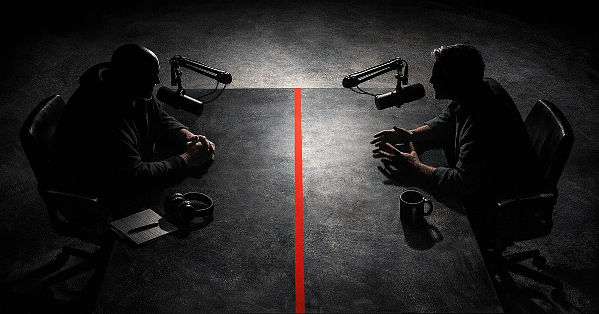 Two silhouetted figures at podcast table separated by red line, dramatic lighting emphasizing division