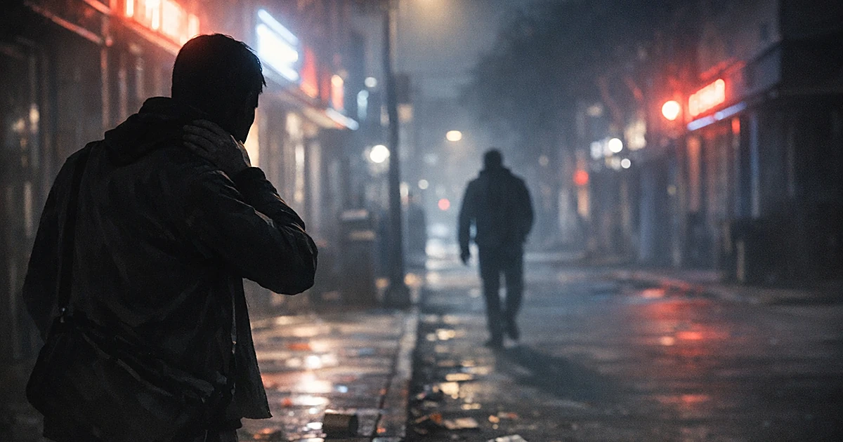 Silhouetted figure clutching throat on neon-lit street corner at night while another figure walks away into shadows