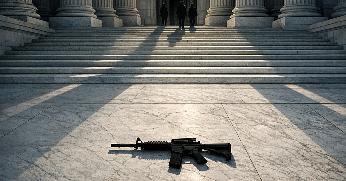 Overhead view of Supreme Court columns with AR-15 silhouette on marble floor casting shadows