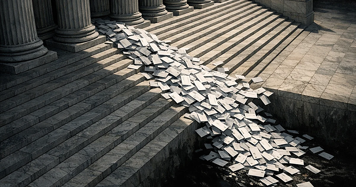Mail-in ballot envelopes cascading down Supreme Court steps in dramatic lighting