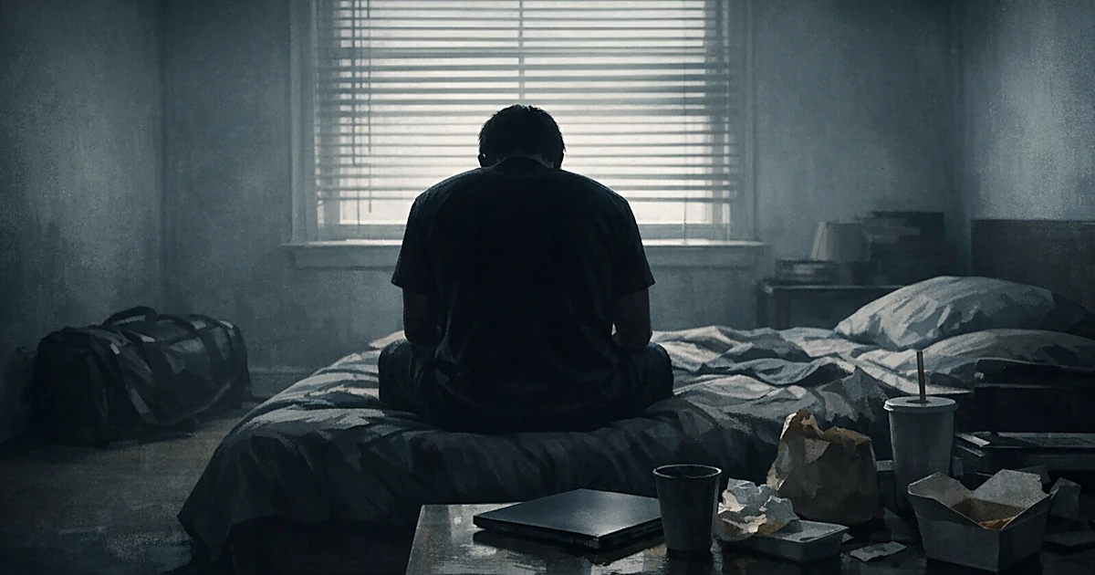 Silhouette of young man sitting alone on bed in dimly lit, cluttered bedroom viewed from behind