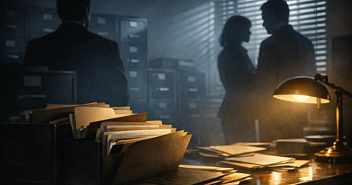 Silhouetted figures in dark office with filing cabinets and folders suggesting concealment of documents