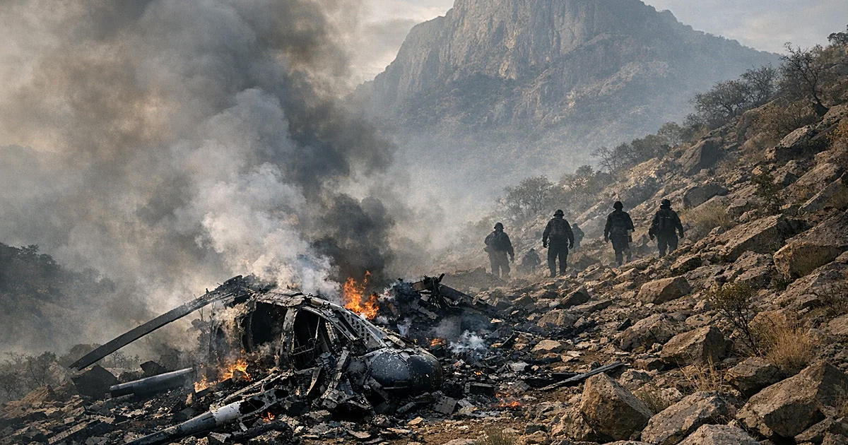 Helicopter wreckage smoking in remote mountainous terrain with emergency responders as distant silhouettes