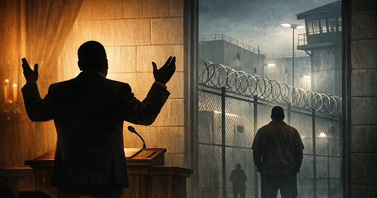 Silhouette of preacher at pulpit with prison facility visible in background showing contrast between church and jail