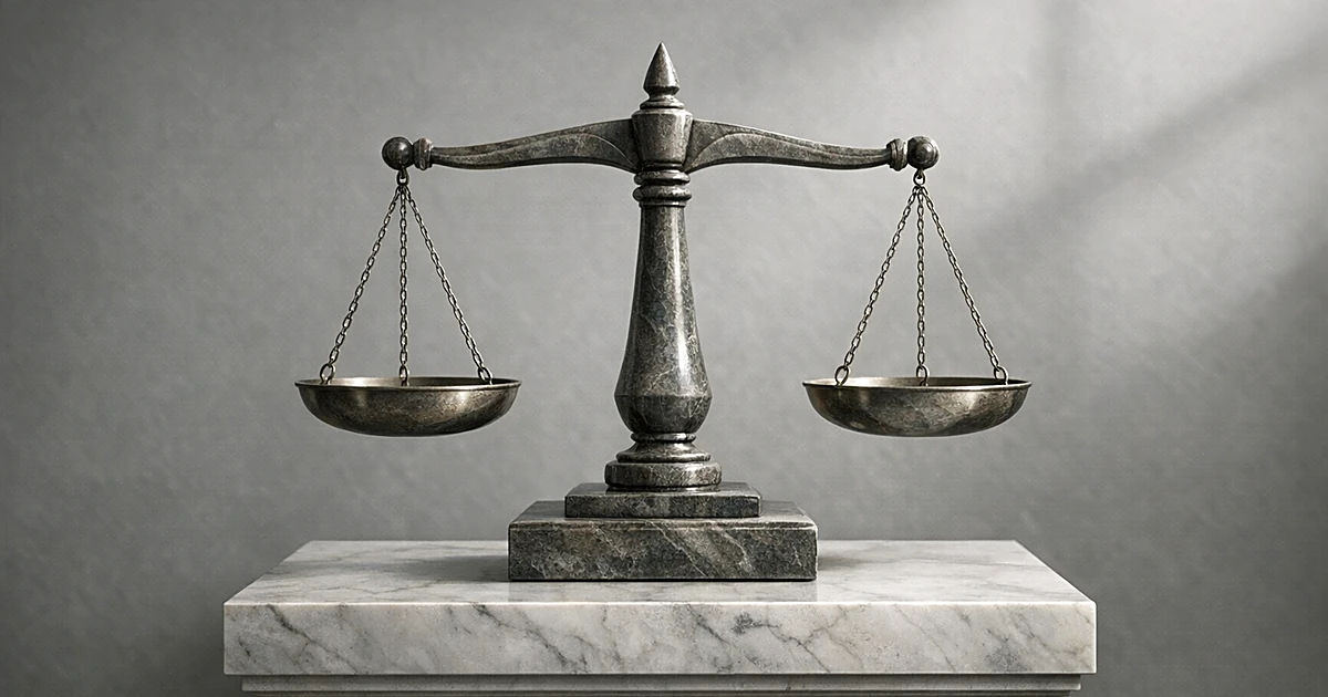 Abstract stone scales of justice on marble pedestal with soft natural lighting