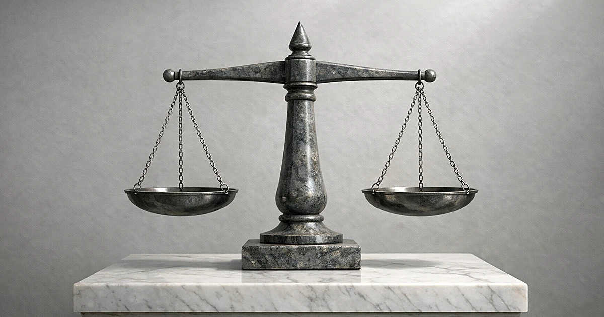 Abstract stone balance scale on marble pedestal with soft lighting representing justice concept