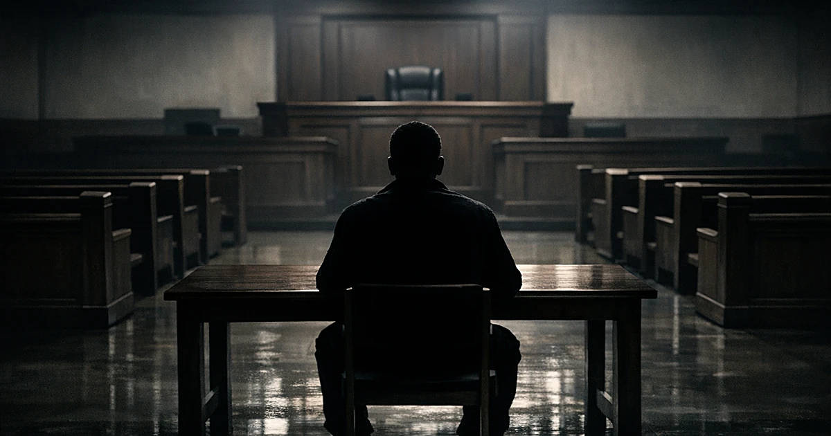 Silhouetted figure seated alone at table in empty courtroom with judge's bench in background