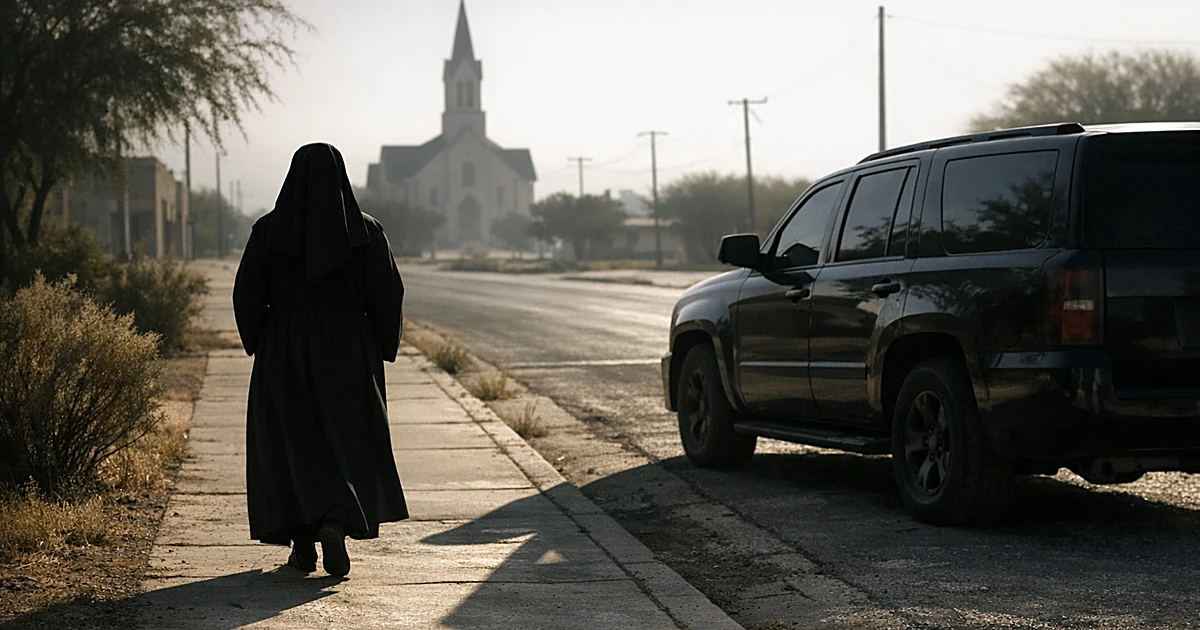 Nun in habit walking toward church while dark vehicle waits nearby on empty Texas street