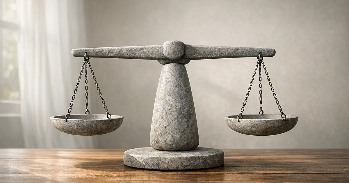 Abstract stone balance scale on wooden surface with soft natural lighting and neutral background