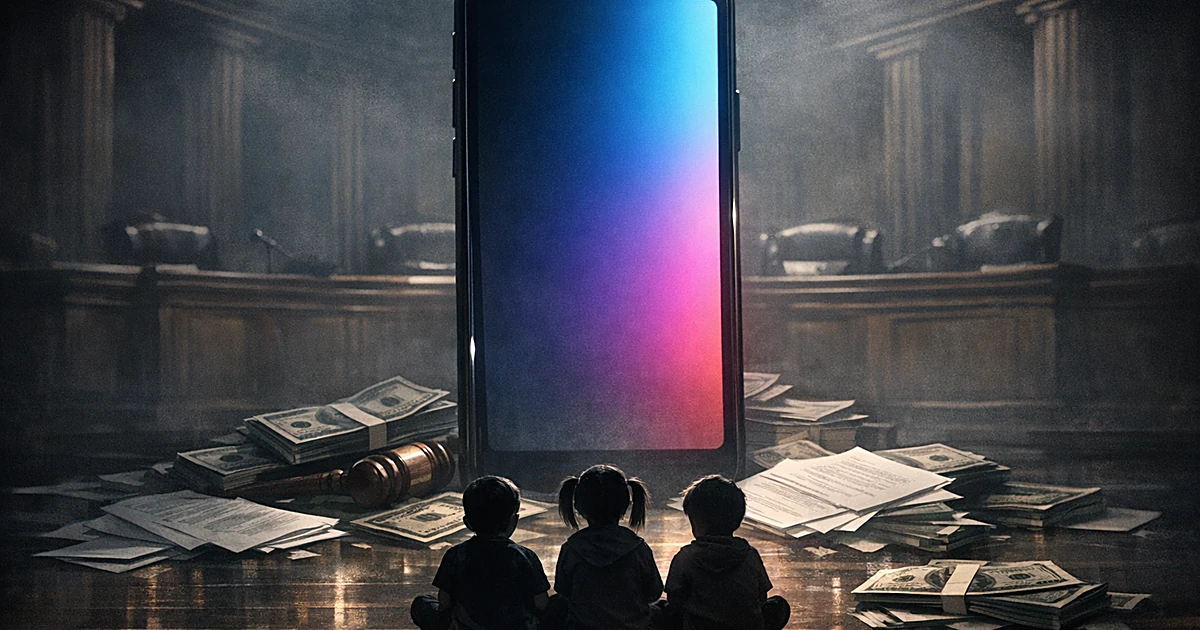 Giant smartphone with TikTok colors towers over silhouettes of children in dark courtroom with scattered money and documents