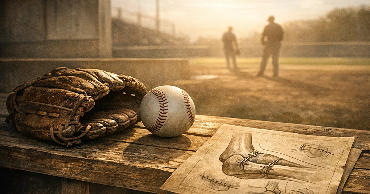 Baseball glove and ball on dugout bench with medical elbow diagram, bathed in golden light