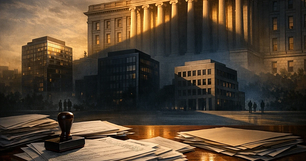 Government building shadow falling over three office buildings with tax documents on desk in foreground