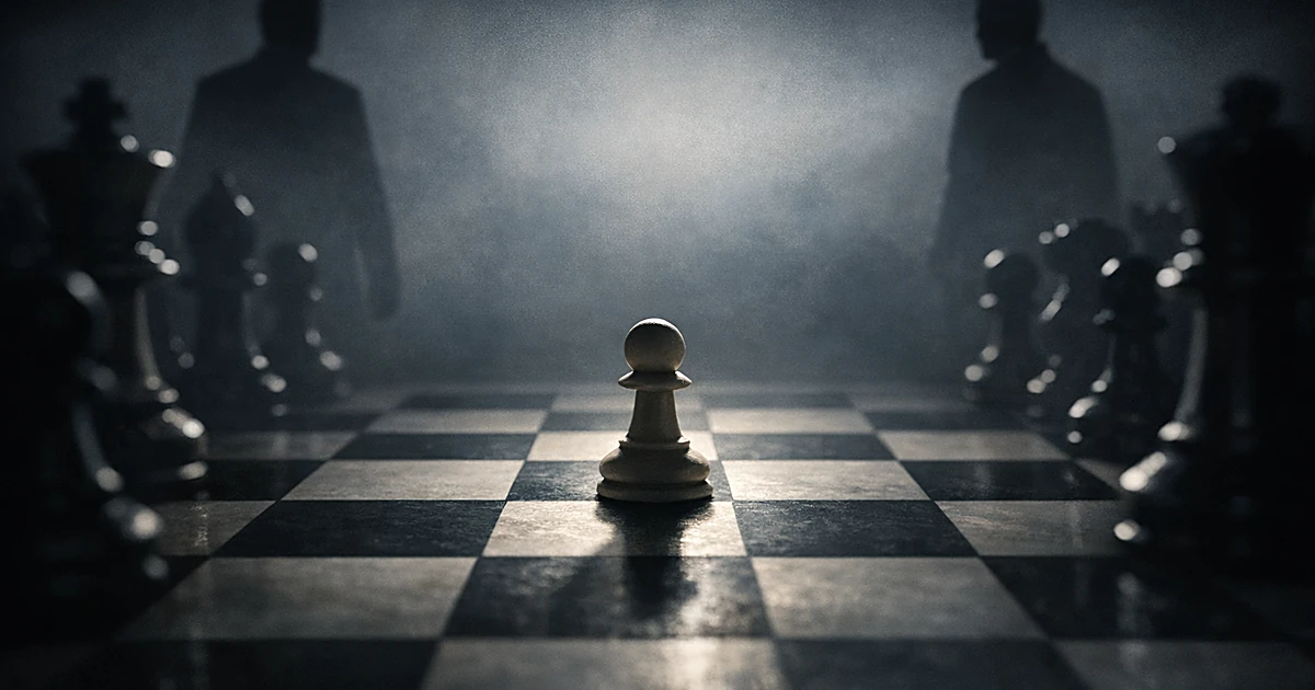 Chess pawn isolated on board between two distant silhouetted figures in dramatic lighting