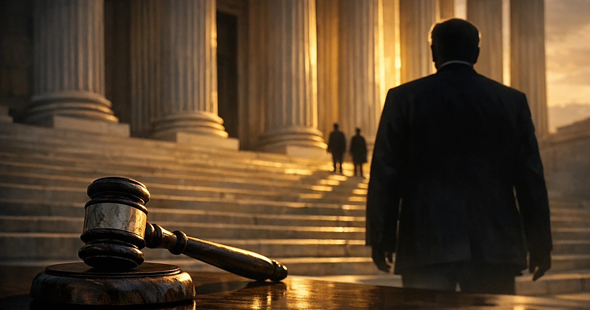 Silhouetted figure before courthouse columns with gavel in foreground at dusk