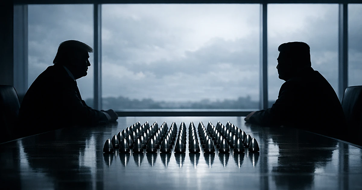 Two silhouetted figures at conference table with 57 metallic warhead objects arranged between them