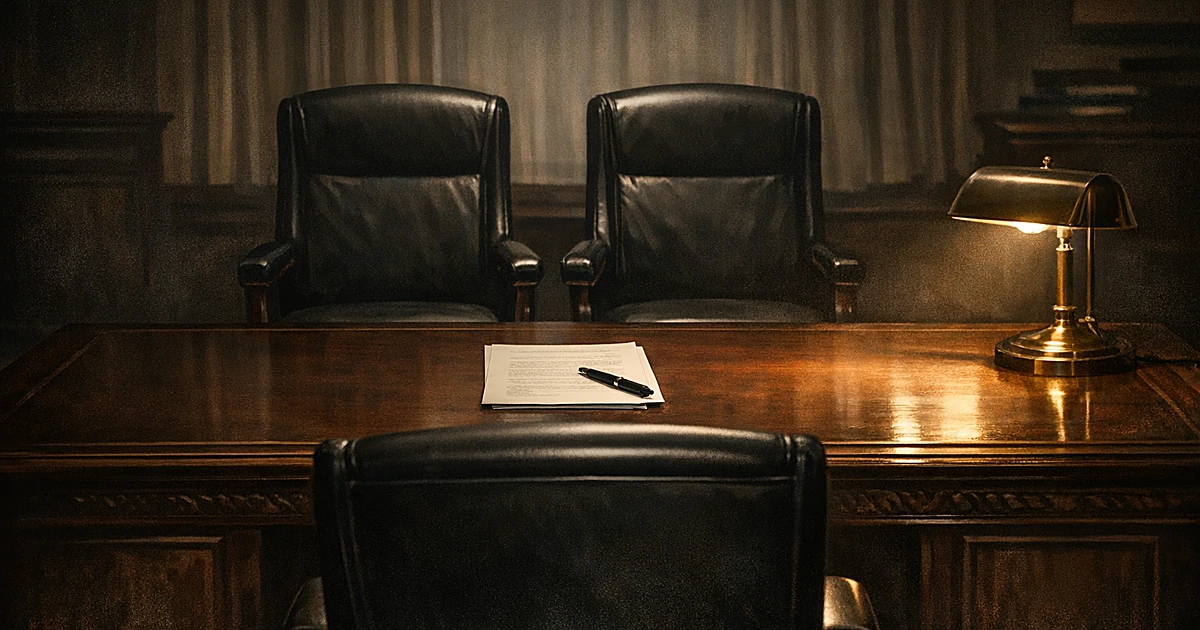 Empty chairs face each other across a desk with a document, depicting a political standoff over a nomination