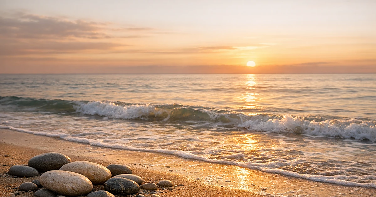 Peaceful ocean waves meeting sandy shore at sunset with smooth stones in foreground