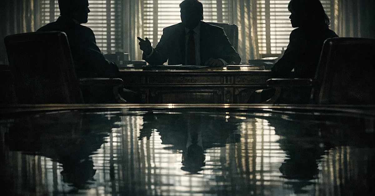 Three silhouetted figures meet around a desk in a shadowy office, with water reflection creating dramatic lighting