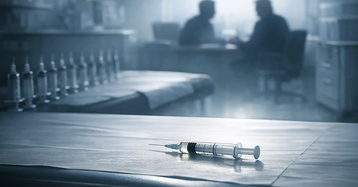 Single syringe in focus on exam table with multiple syringes fading into shadow behind it in medical office setting