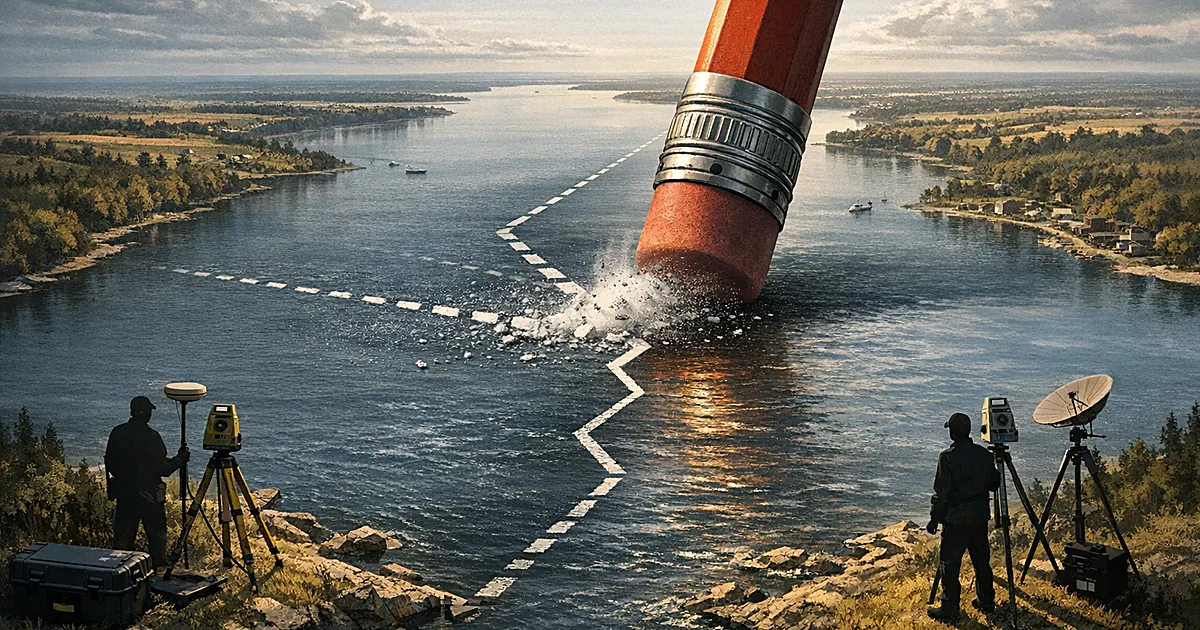 Aerial view of border lake with giant eraser removing old map lines while new cartographic boundaries are drawn