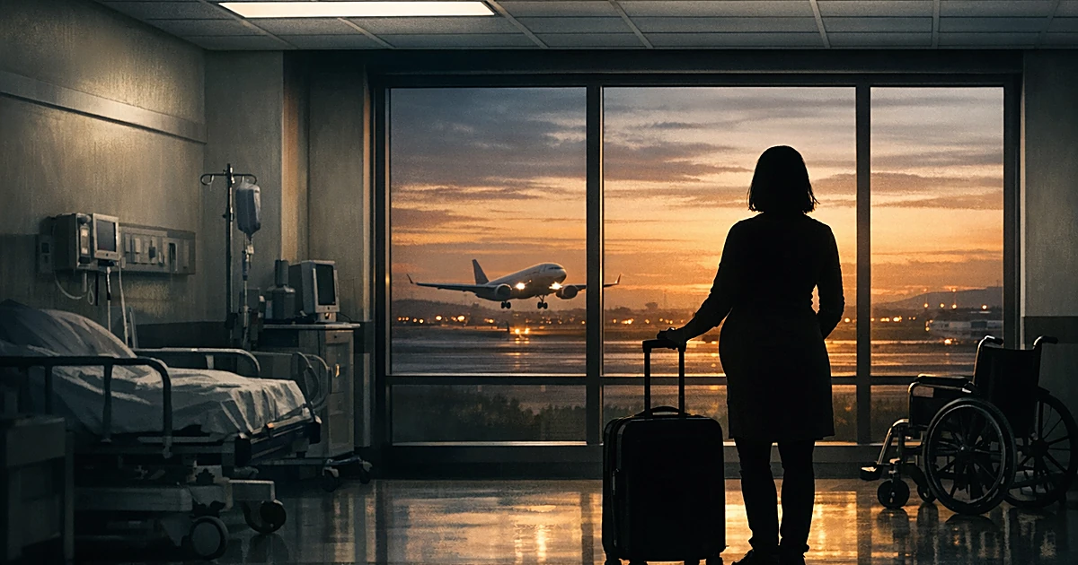 Silhouetted pregnant woman with luggage in hospital corridor looking toward distant airport at sunset
