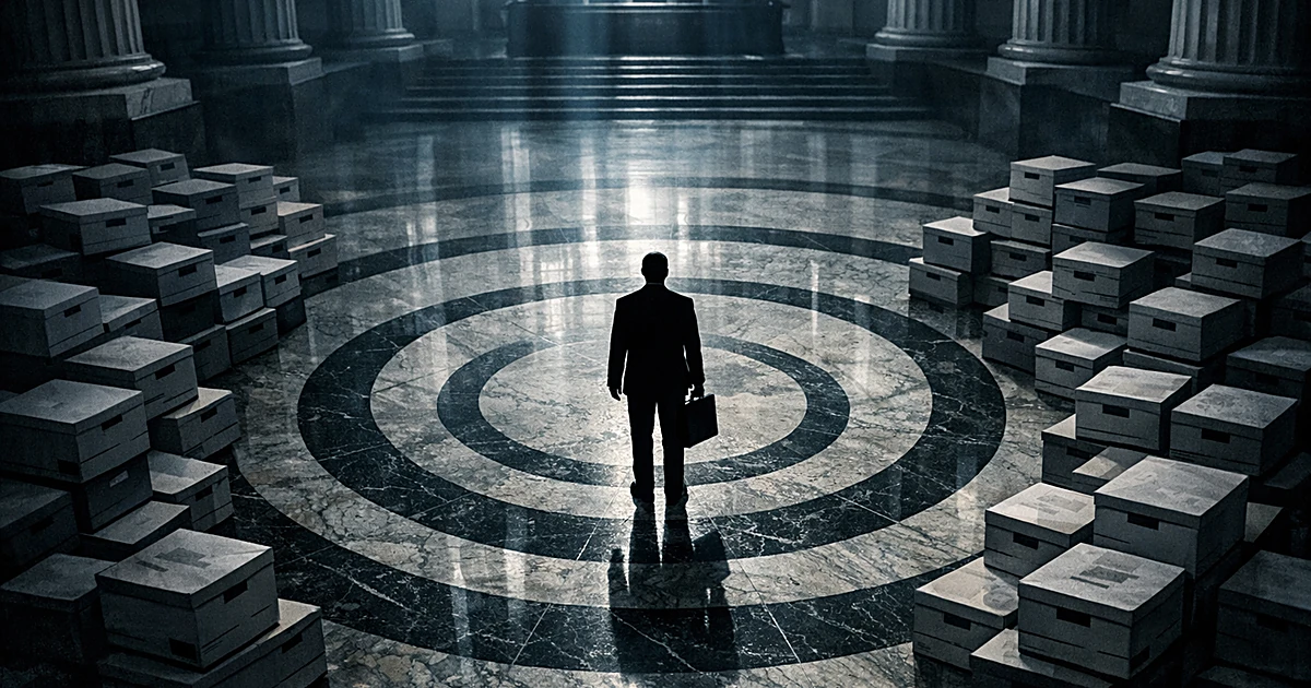 Silhouetted figure stands in circular courthouse interior surrounded by document boxes under dramatic lighting