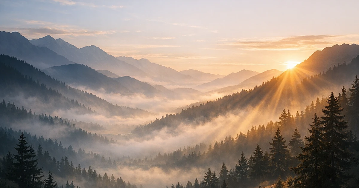 Peaceful mountain landscape at dawn with golden sunlight breaking through soft mist