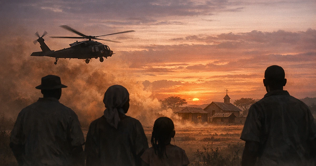 Military helicopter departing over Nigerian savanna as silhouetted villagers watch from behind at dusk