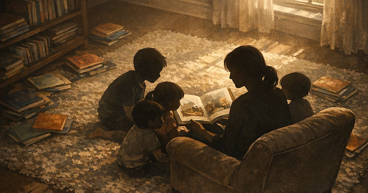 Silhouetted parent reading to four children of different ages in a cozy, book-filled room with warm lighting