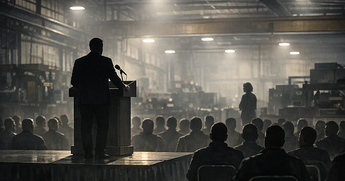 Silhouetted speaker at podium in manufacturing facility addressing seated audience under industrial lighting