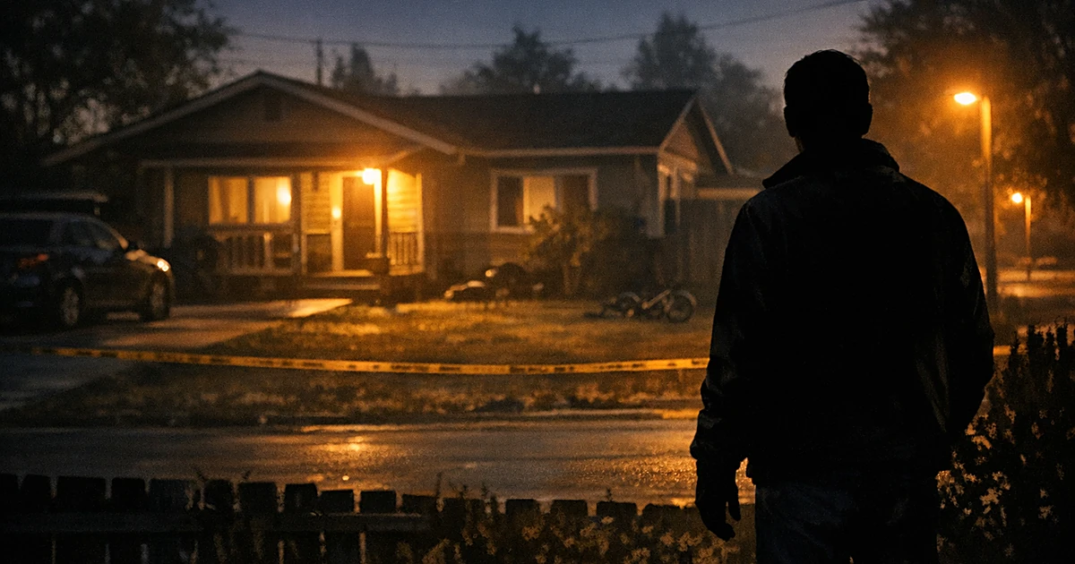 Silhouetted figure standing in front yard of suburban home at dusk with dramatic lighting and empty street