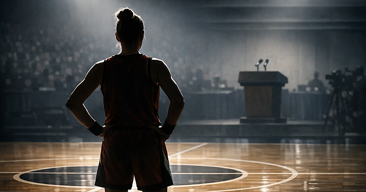 Silhouetted basketball player stands alone on court with press podium visible in background under arena lighting