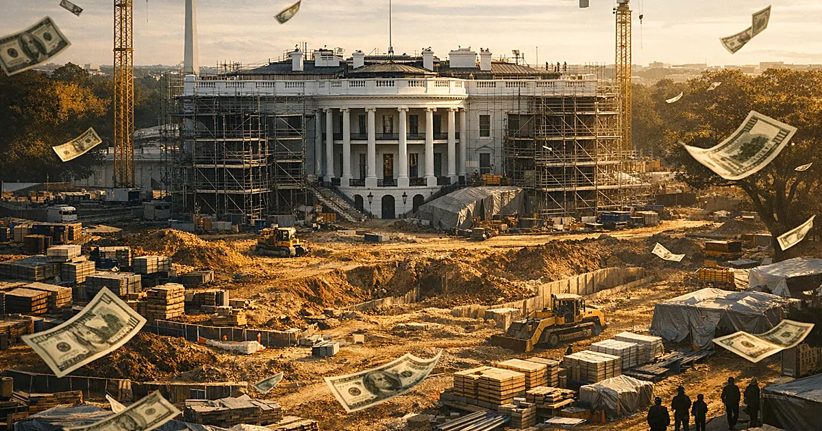 Aerial view of White House surrounded by construction scaffolding, cranes, and scattered dollar bills on grounds