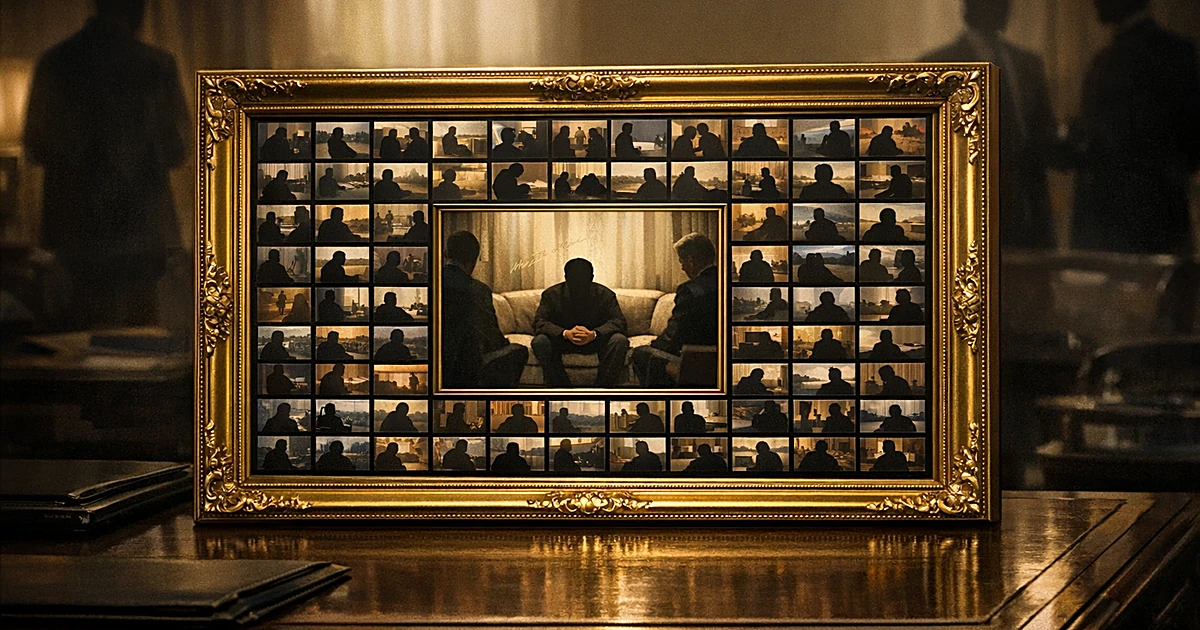 Gold-framed mosaic collage with 68 panels arranged in a grid on an office desk