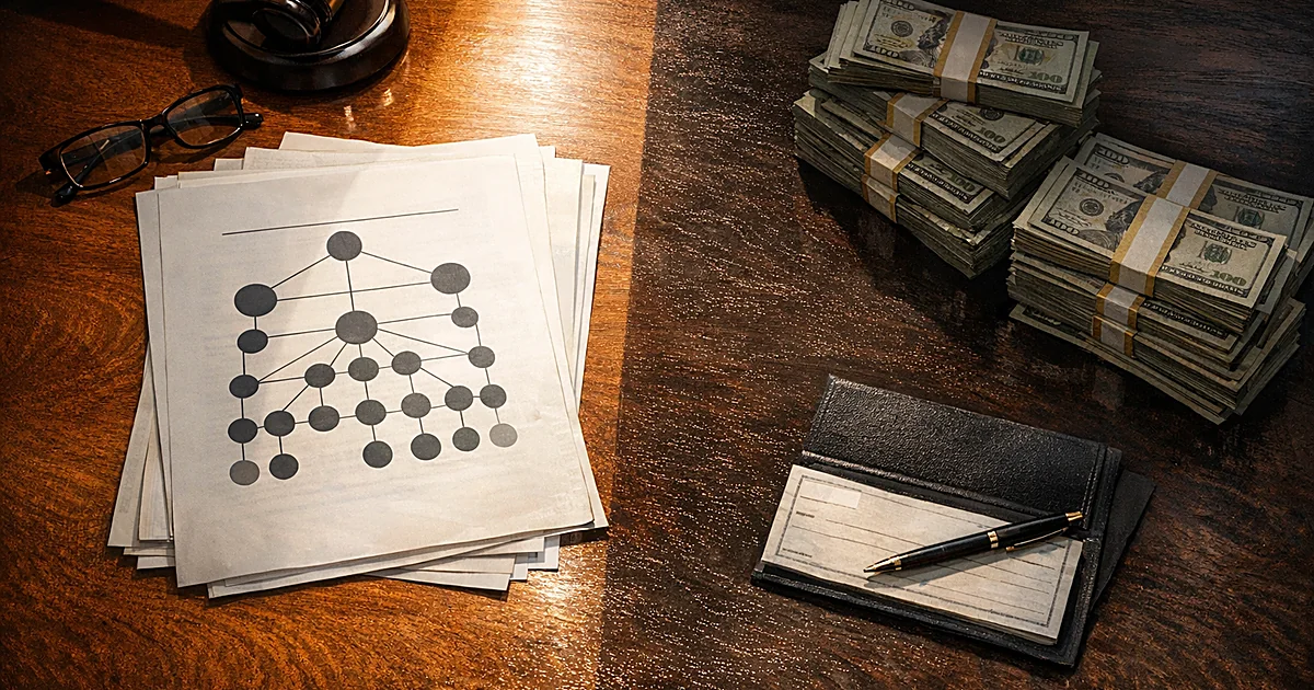 Desk split by light and shadow showing legal brief with connection chart on one side, cash and checkbook on the other