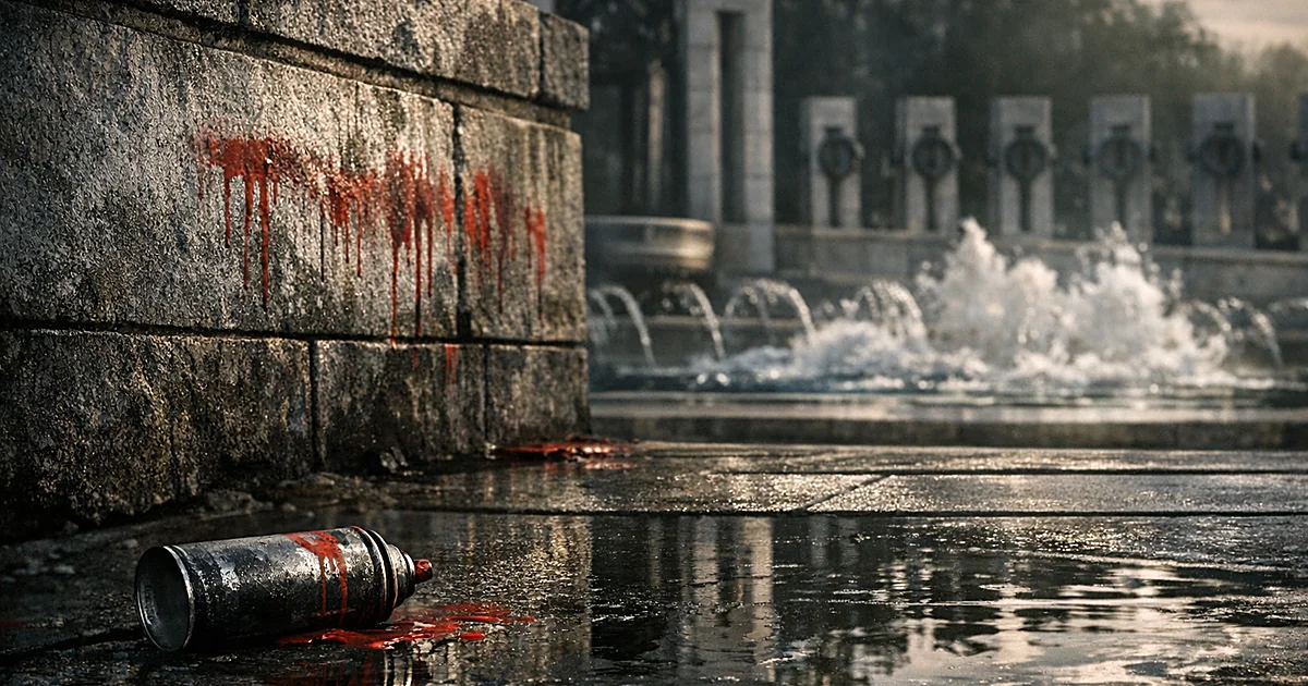 Spray paint can on ground near vandalized stone memorial wall with classical columns and red paint marks