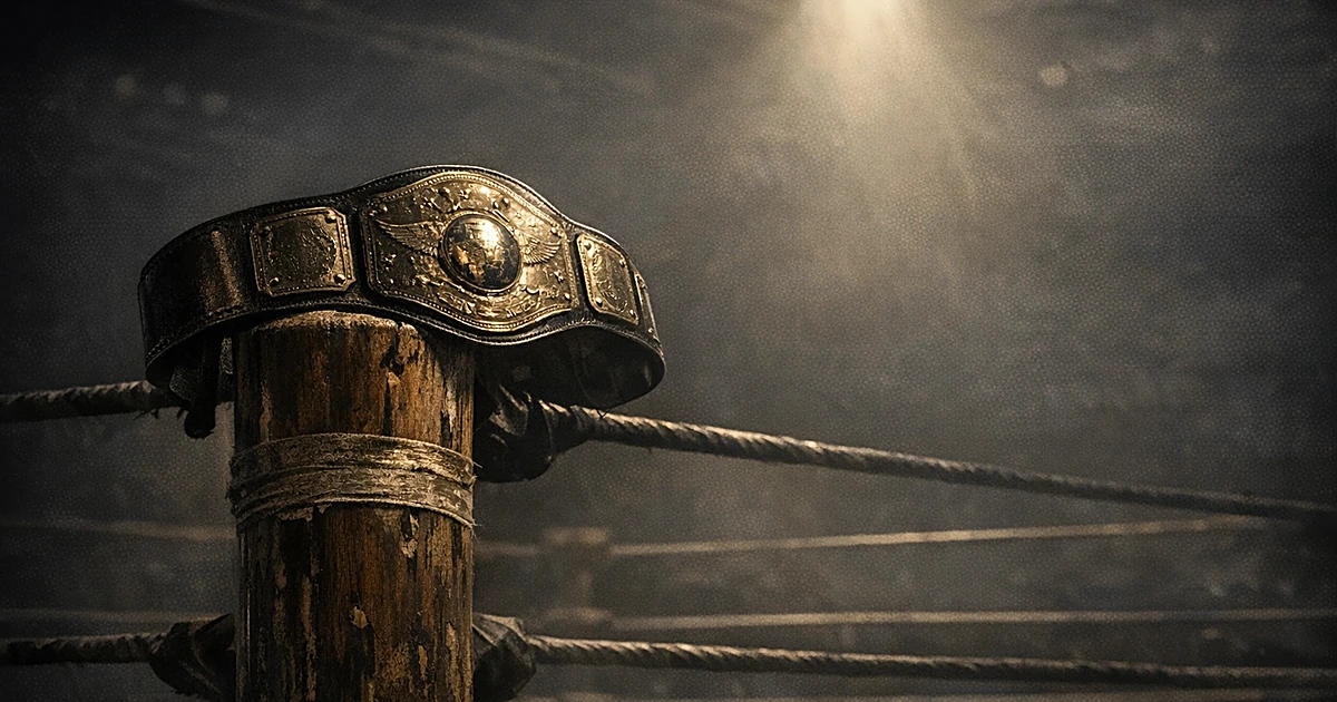 Championship wrestling belt on ring post under spotlight in empty arena