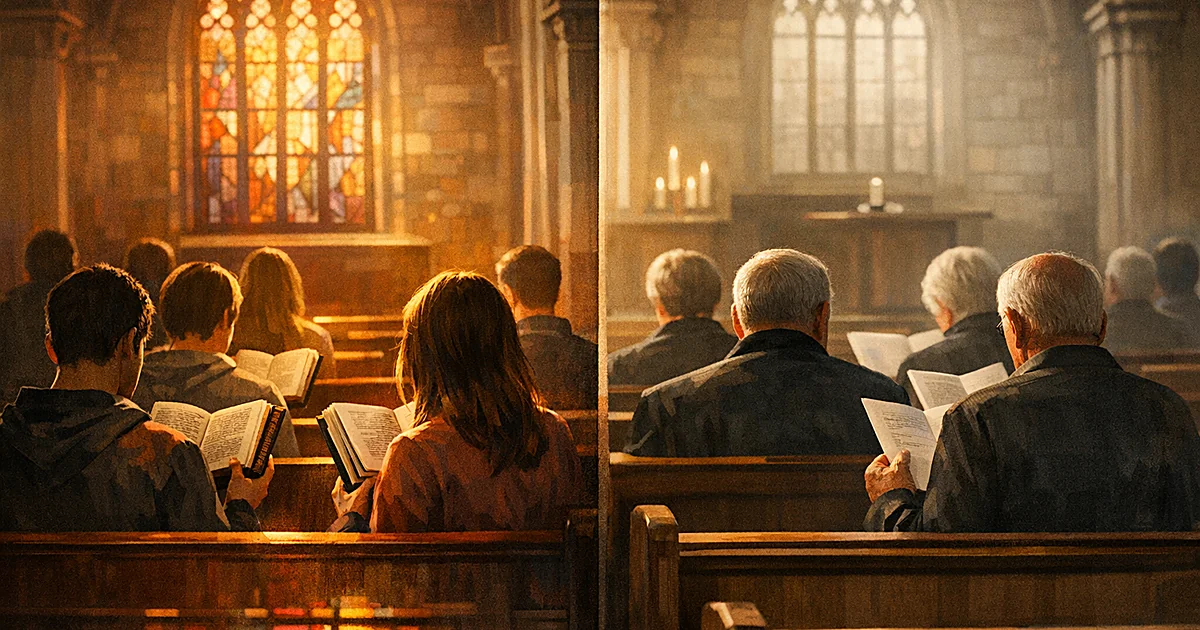 Church interior showing silhouettes of younger and older congregants from behind holding different worship materials