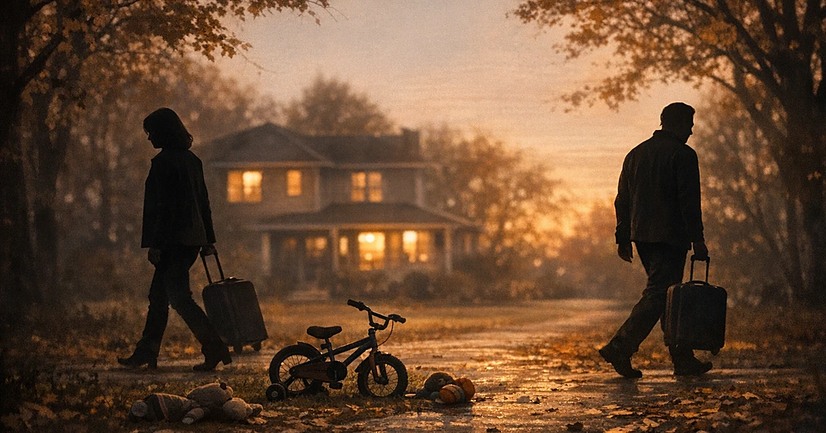 Two silhouettes walking apart on a path with house and children's toys in background at sunset