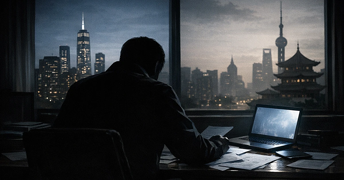 Silhouetted figure at desk with laptop between two city skylines visible through window in dark room