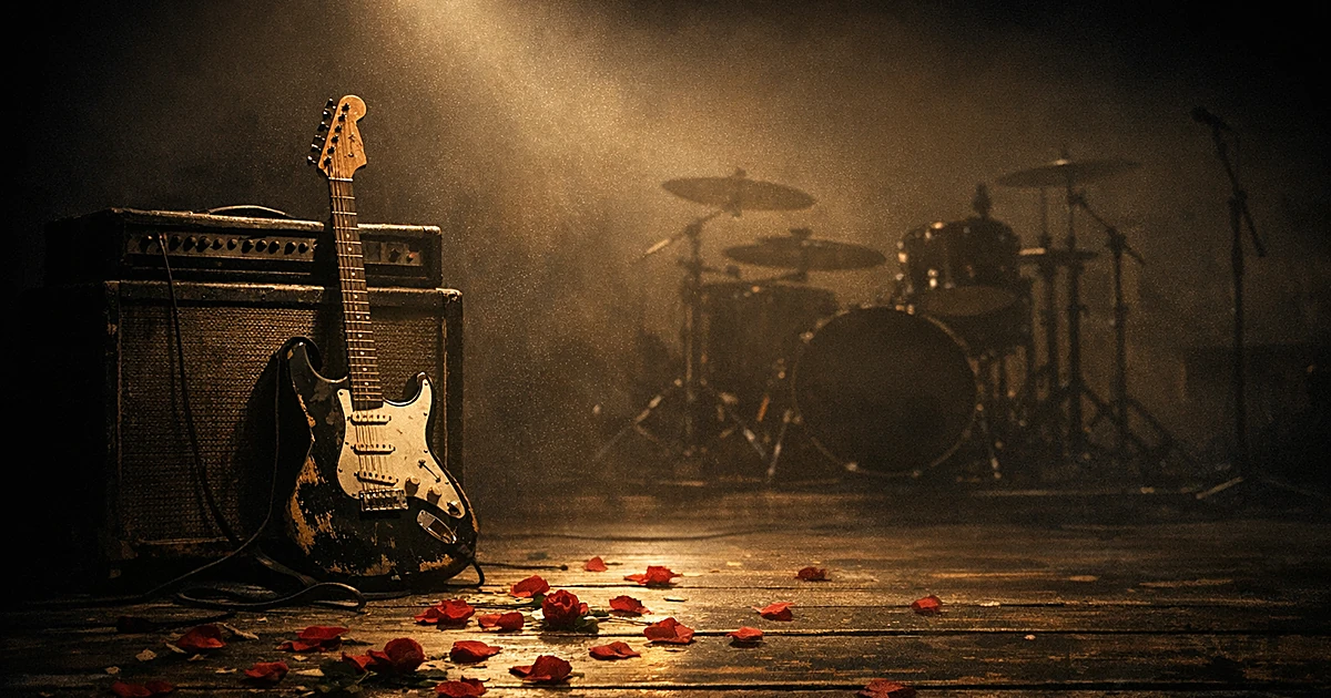 Empty concert stage with electric guitar leaning against amplifier, rose petals scattered on floor, spotlight in darkness