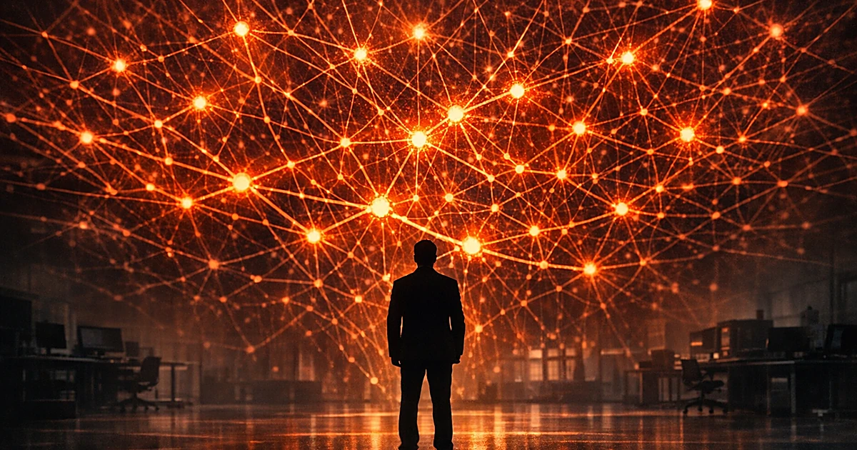 Silhouetted figure facing towering glowing neural network in dark laboratory, bathed in ominous red light
