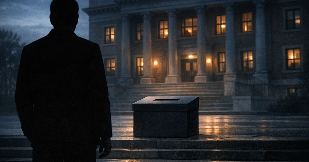 Silhouetted person facing courthouse at dusk with empty ballot box between them, conveying electoral uncertainty