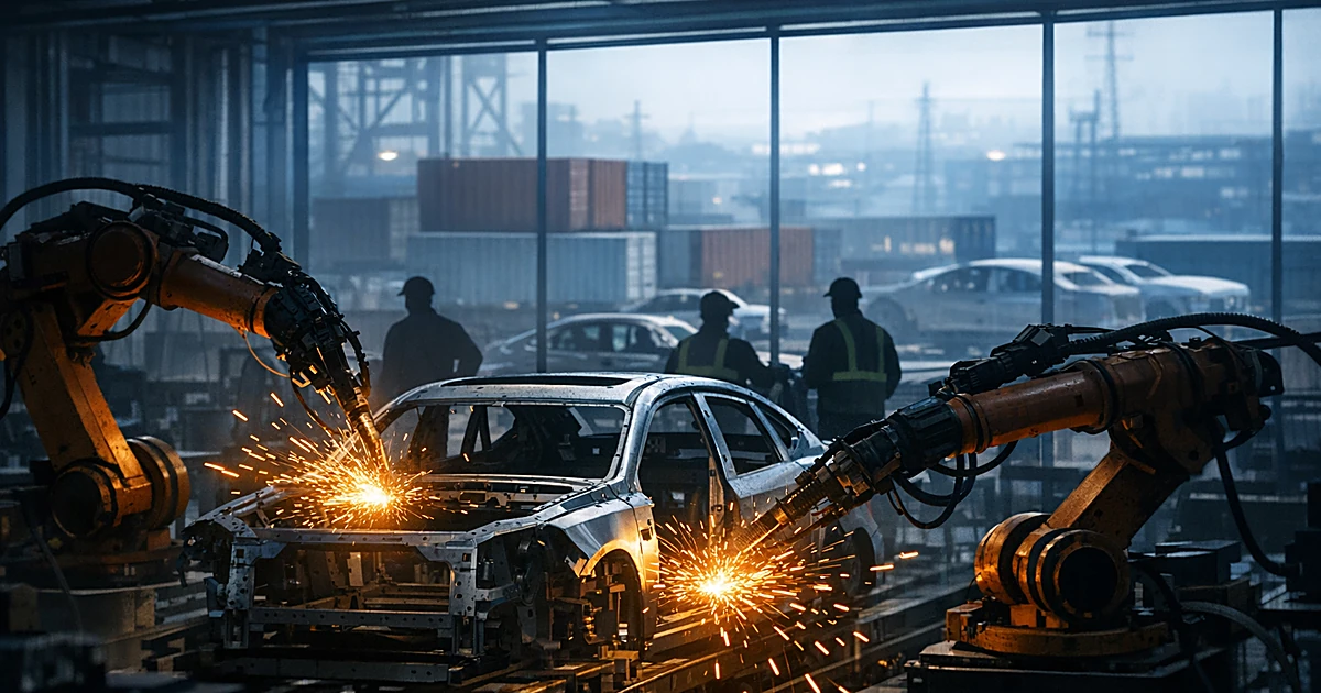 Automotive factory assembly line with robotic arms, silhouetted workers, and shipping containers visible outside