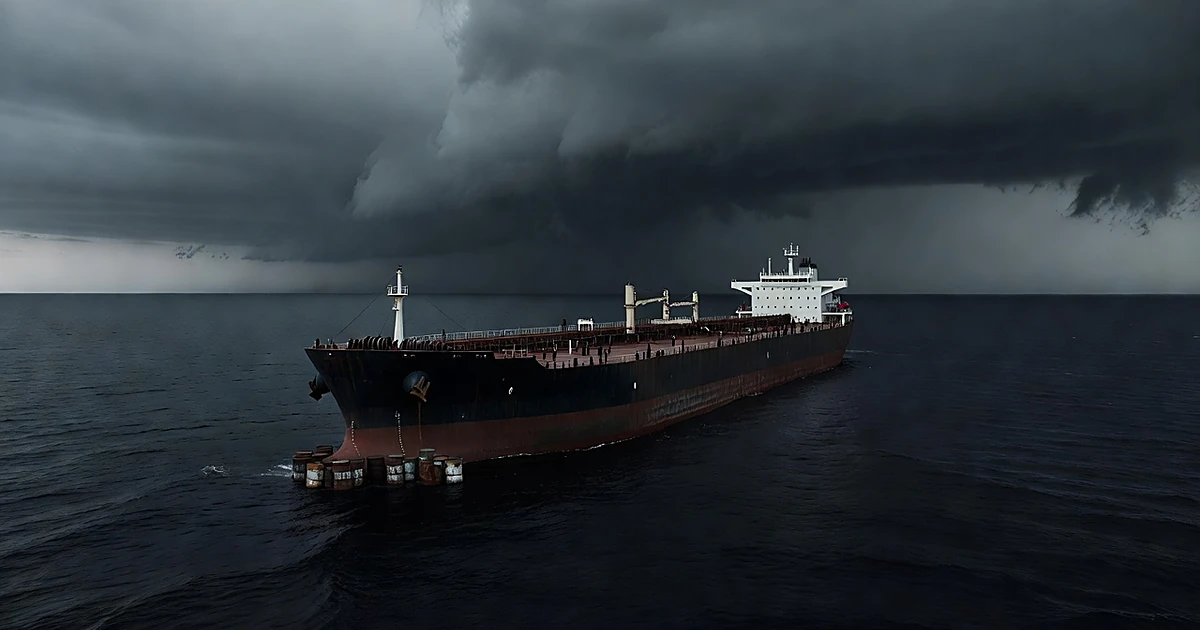 Oil tanker ship isolated in dark ocean waters with few remaining barrels on deck under stormy grey skies