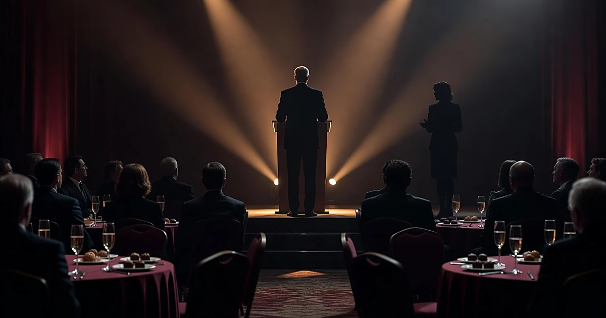 Silhouetted speaker at podium on stage addressing seated audience at formal gala with champagne glasses on tables