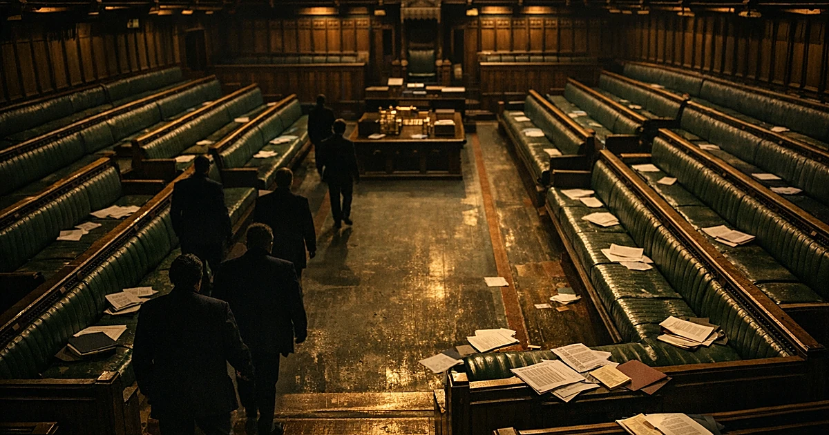 Empty parliamentary chamber with green benches on opposing sides and scattered papers after a legislative vote